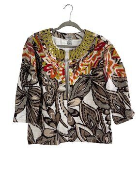 Chicos Womens Size 3 Open-Front Jacket With Embroidered Collar & Bold Floral Pri